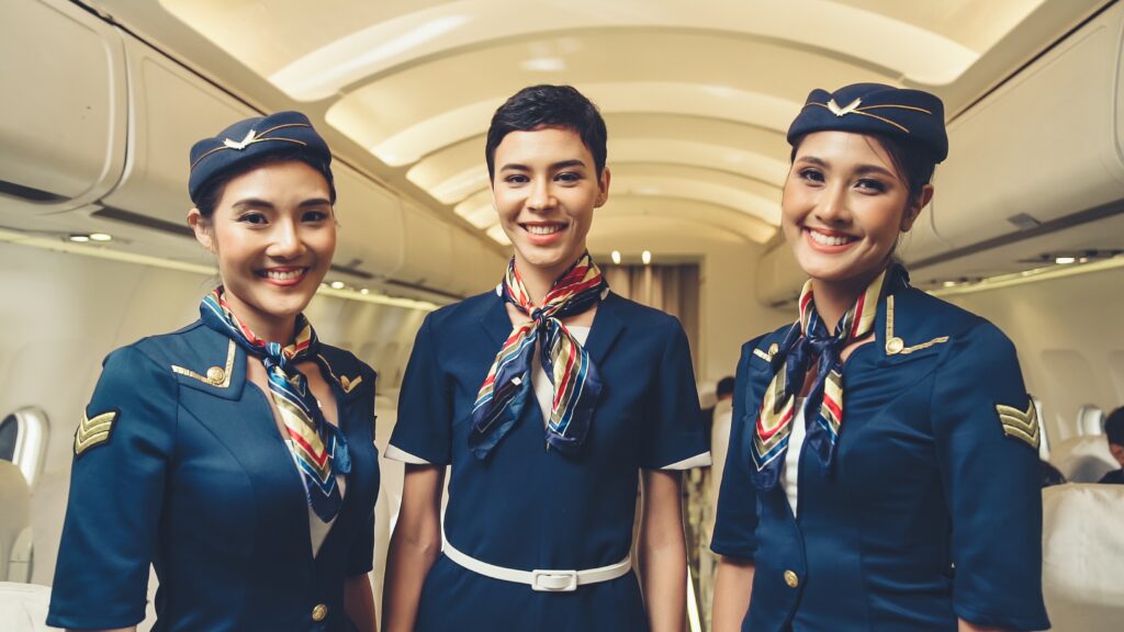 group cabin crew air hostess airplane