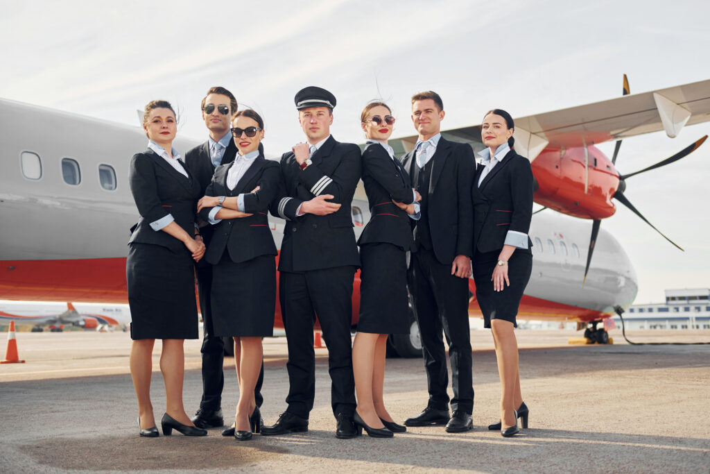 posing camera crew airport plane workers formal clothes standing outdoors together